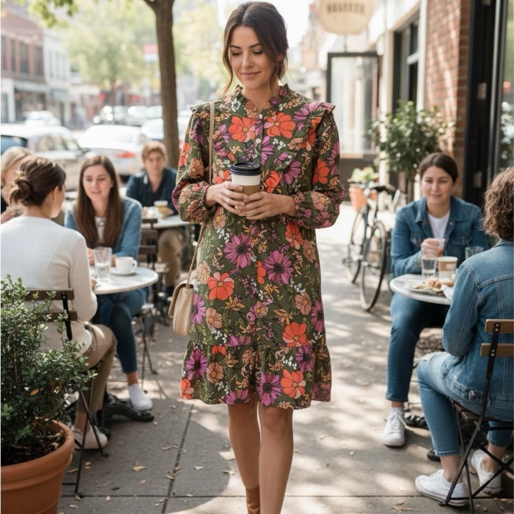 Michelle McDowell Midi Floral Long Sleeve Dress in Green and Orange